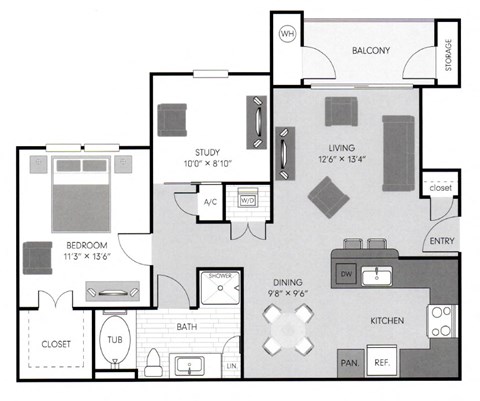 Floor plan for 1 bed, 1 bath, 893 sqft